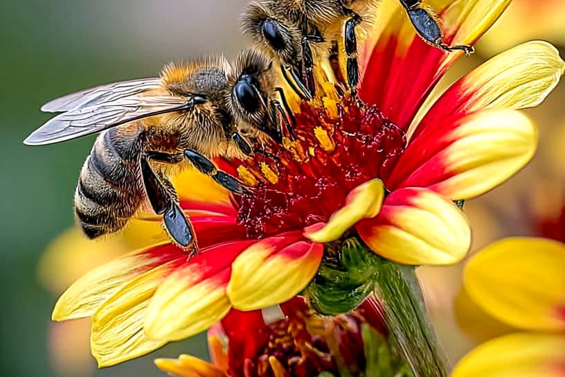 Honeybee pollinating a bright flower